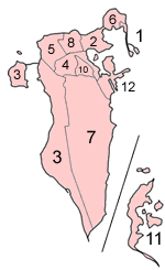 แผนที่ประเทศบาห์เรนแสดงเทศบาล (ปัจจุบันรวมอยู่ในเขตผู้ว่าราชการ)